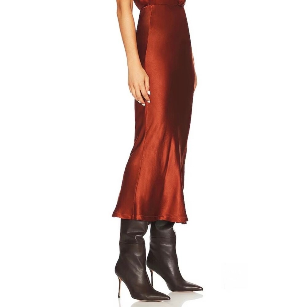 ENZA COSTA Satin Bias Slip Skirt Womens Large Umber Rust Midi Maxi Side Slit NEW - Picture 3 of 16